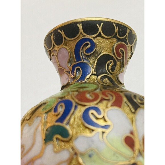 VTG Antique Chinese Cloisonne Enamel Brass Bud Vase Miniature 3” Floral Lotus - Picture 5 of 12